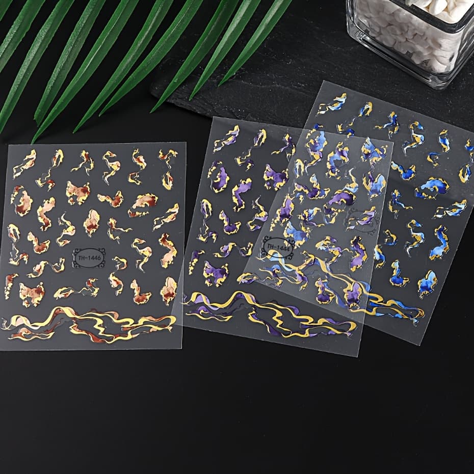 TEMU Self-adhesive Marble& Nail Stickers- Irregular Wave , Blue-golden Color- Party/wedding Nail Art Decals