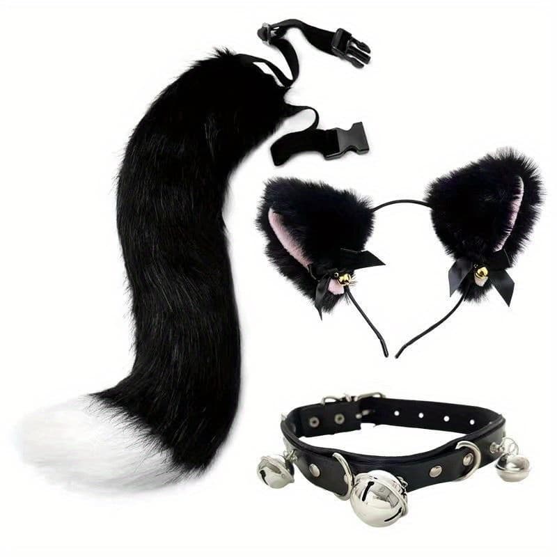 TEMU 3pcs Kawaii Animal Theme Party Props, Plush Ears Headband Tail & Bell Necklace Set For Women Girls