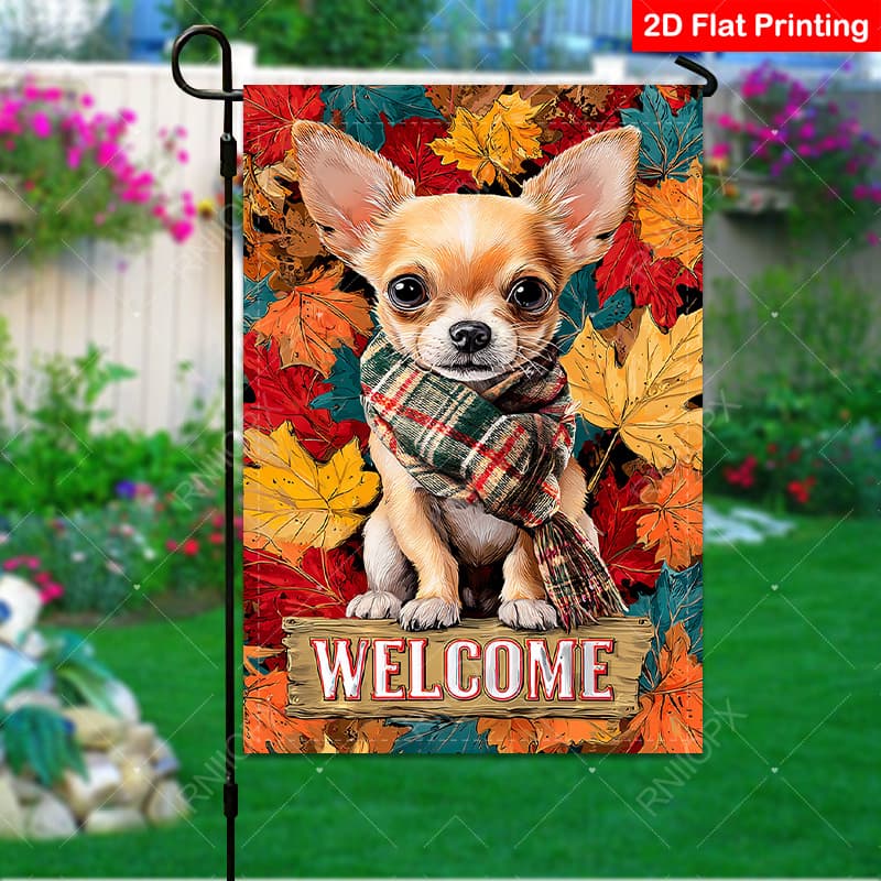 TEMU 2d Flat, 2d Flat Garden Flag Double-sided Mailbox Flag Decorative Featuring Adorable Chihuahua In Plaid Scarf Surrounded By Perfect For Home And Outdoor Fall Bracket Not Included, 2d Flat
