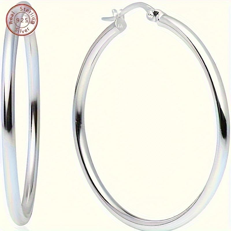 TEMU 925 Sterling Silvery Hypoallergenic Large Hoop Earrings For Women, Minimalist Round Dangle Studs With Exaggerated Design, Low Allergy