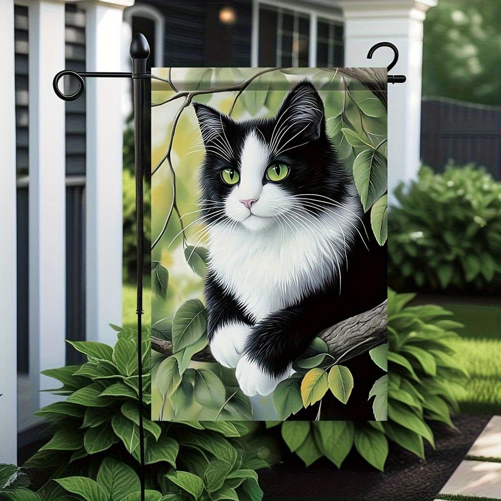 TEMU 1pc Black And White Cat Flag - 18x12inch, Double-sided Polyester Lawn Flag With Vivid And Curly Paw Design, Outdoor Yard And Home Decoration (flagpole Not Included), Cat Decoration