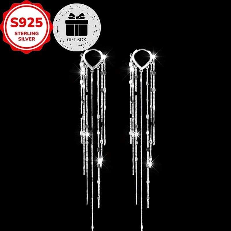 TEMU 2pcs Of Elegant 925 Silvery Tassel Drop Earrings, Long Pendant Fashion Jewelry, Perfect For Wedding/ Banquet, Christmas Party Accessories, Wear