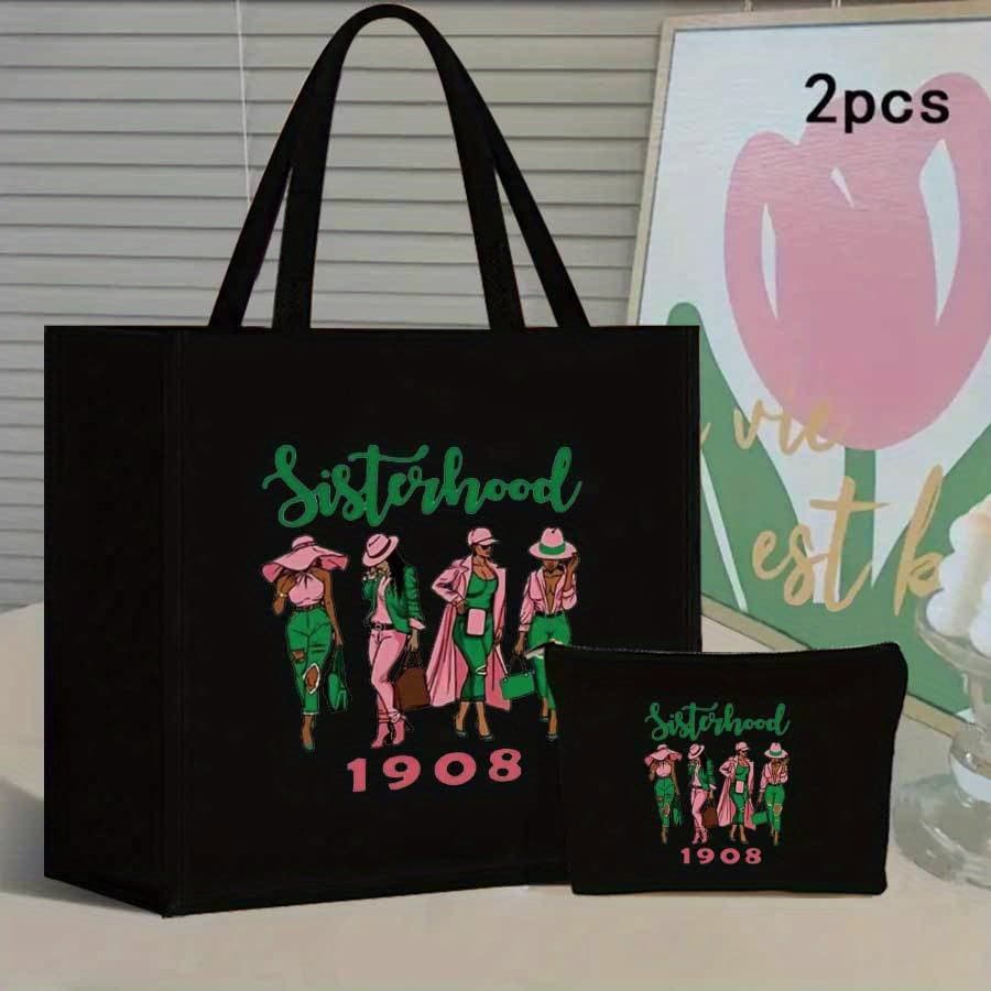 TEMU 2pcs 1908 Print Tote Bag Set - Lightweight Burlap With Adorable Coin Purse - Perfect For Shopping, Travel & Beach - Durable & Versatile