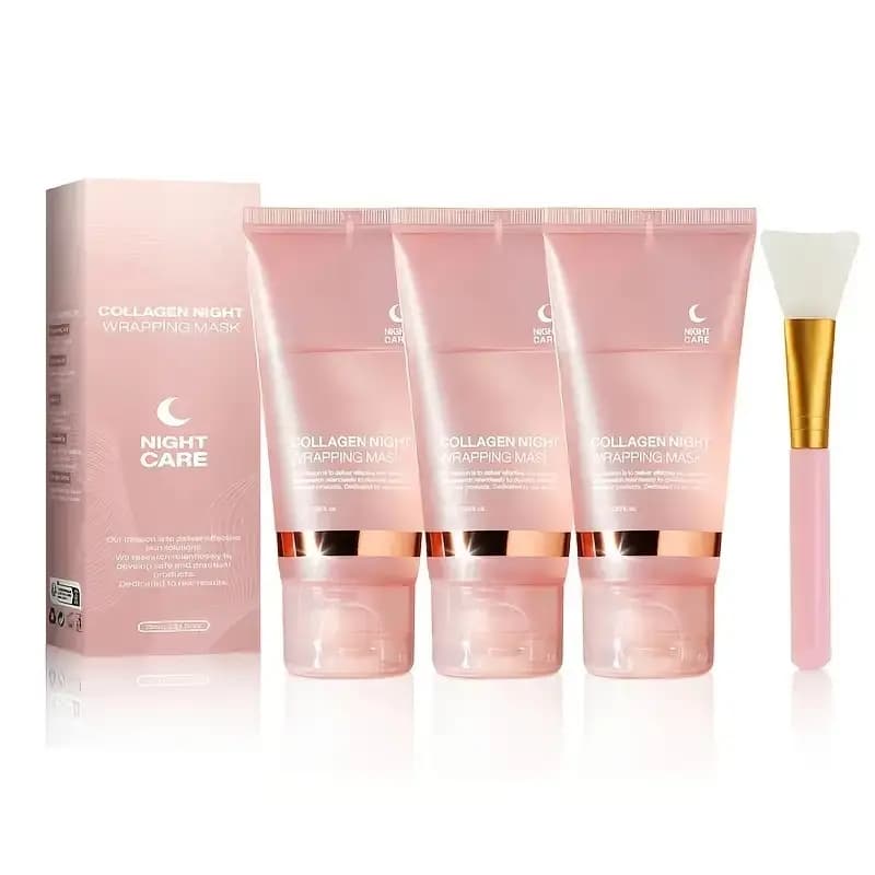 TEMU 3 Boxes Collagen Night Wrapping Mask, Overnight Face Mask With Brush, Hydrating & Light Beige Care, Off Sleeping Mask For All Light Beige Types, Sensitive Light Beige