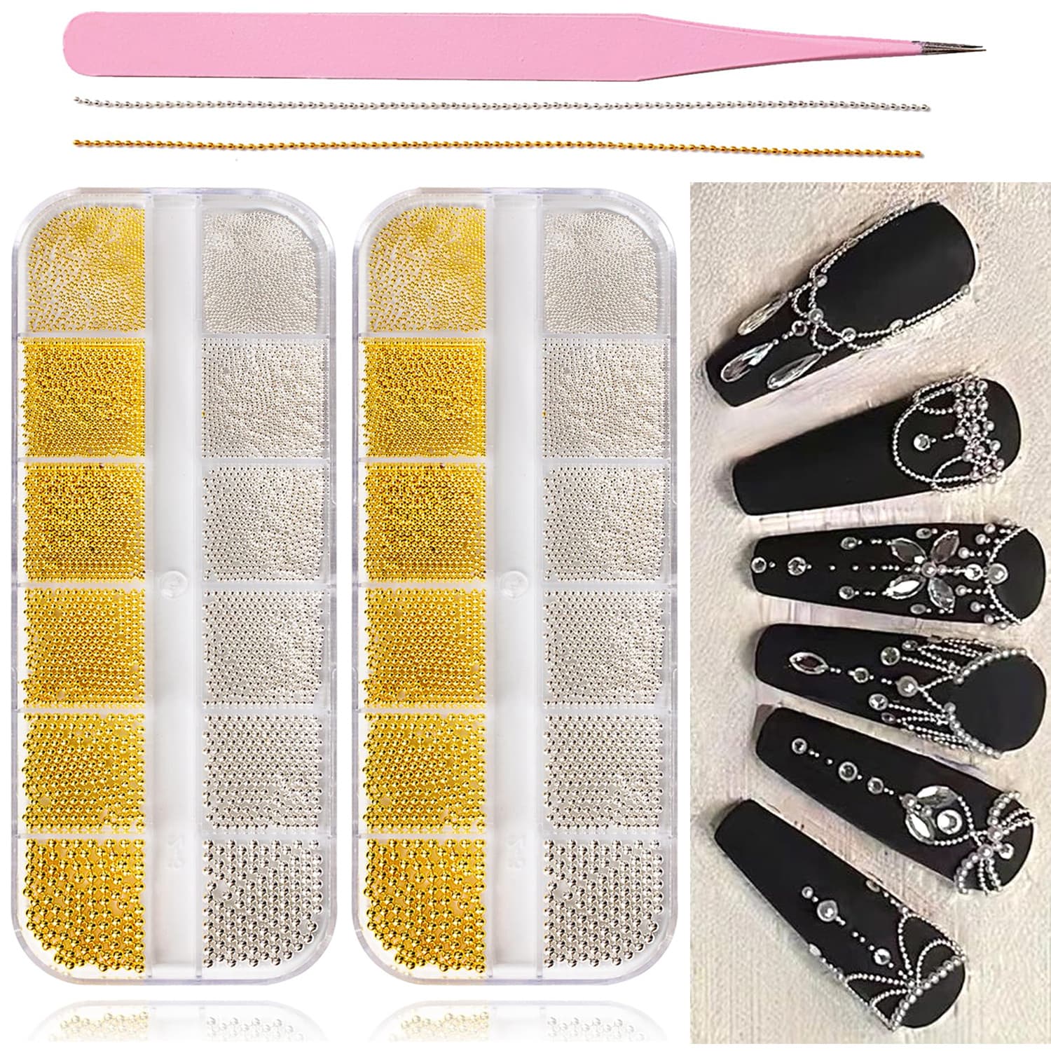 TEMU 11360pcs Caviar Nail Beads, 24pcs Charms And Silvery Caviar Nail Beads, 2pcs 5-inch Nail Art Nail Chains, Nail Art Supplies With Nail Clippers, Nail Jewelry Nail Beads