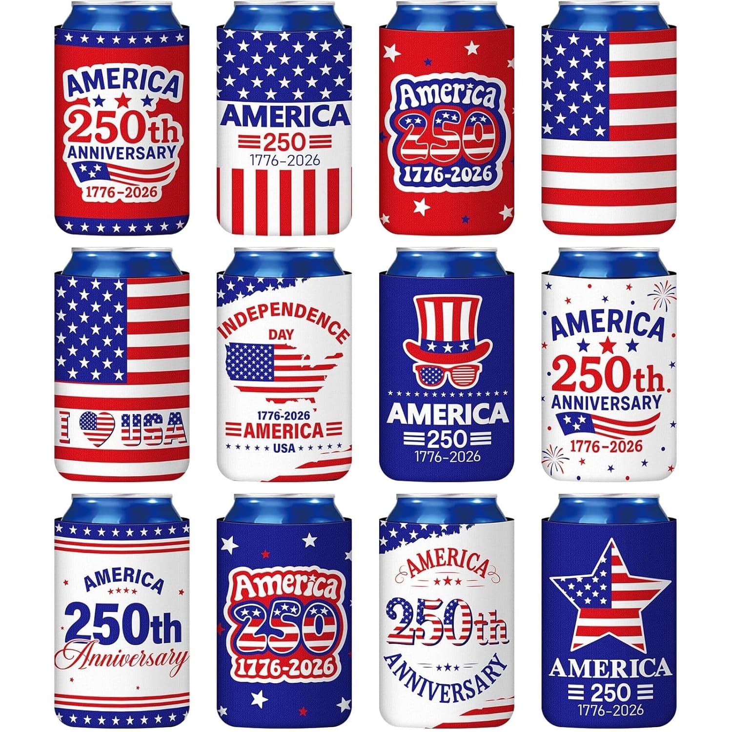 TEMU 12pcs Can Cooler Sleeves 250th Anniversary For 1776-2026 Day Additions Patriotic Party Favors Collapsible For Memorial Day Decoration ()