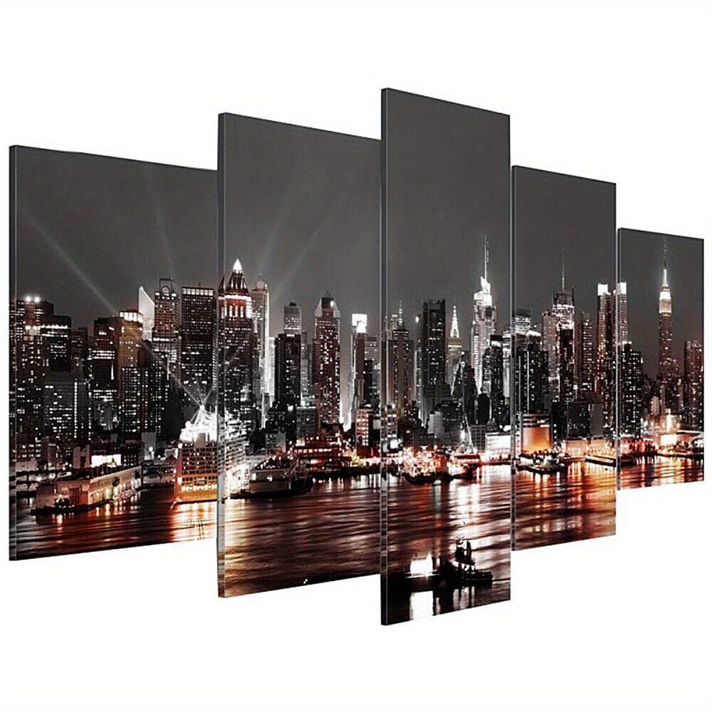 TEMU 2d Flat, 2d Flat, 5pcs City Canvas Wall Art At Night Picture Prints Office Wall Decoration Gallery Wrapped Ready To Hang, Excluding The