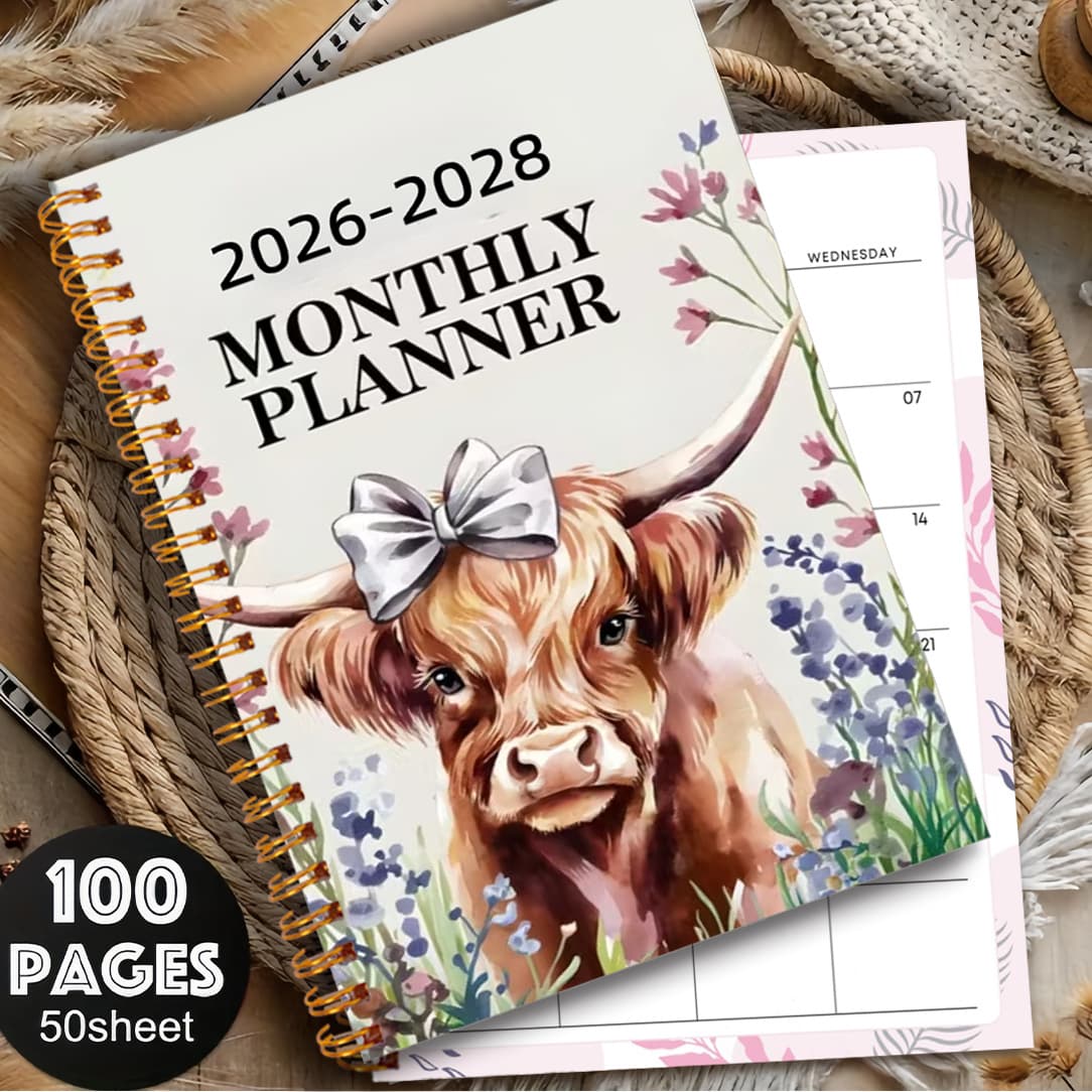 TEMU 2026-2028 3-year Plan - Elegant Floral Cow Design, Highland Cow, Weekly And Monthly Layout, Spiral Bound Plan Notebook, Suitable For Offices, Schools, Homes, Gifts - Durable Paper Organizer