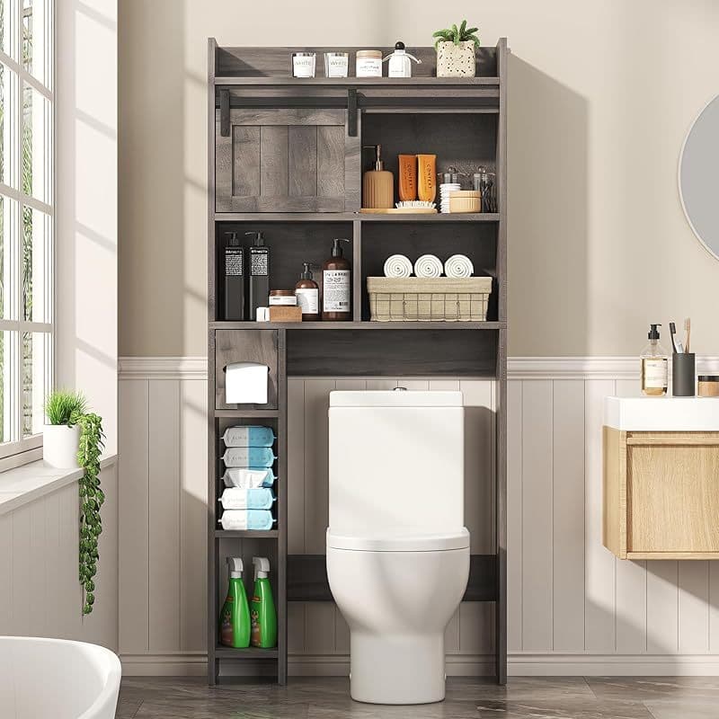 TEMU Over The Toilet Storage Cabinet, Above Toilet Shelf With Sliding Door And Toilet Paper Holder Stand, Behind Toilet Bathroom Organizer With Side Storage Rack For Bathroom, Restroom, Dark Grey