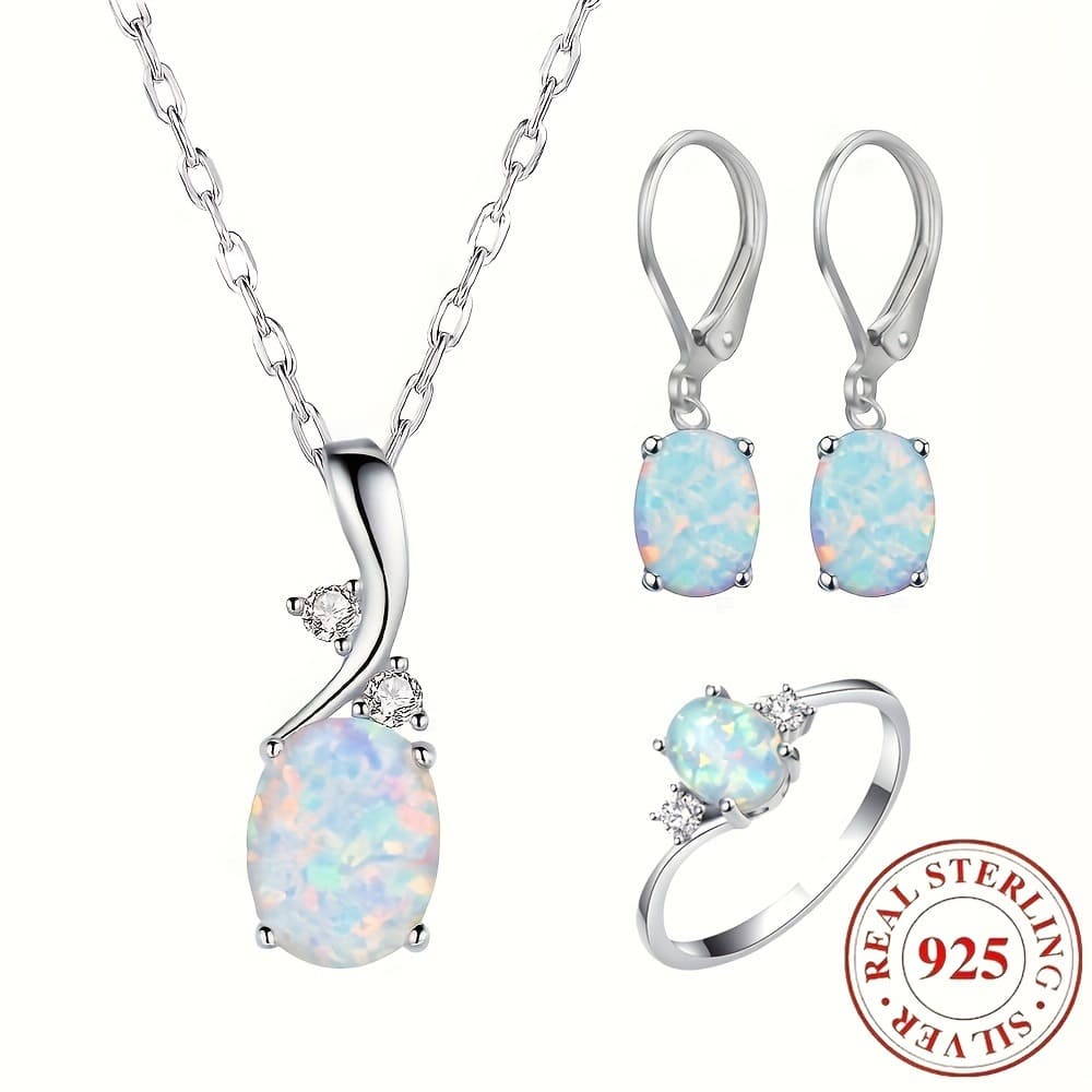 TEMU 925 Sterling Silver Opal Jewelry Set For Women, Water Drop Opal Pendant Necklace, Earrings And Ring Set, Elegant Fashion Jewelry For Party, Daily Wear Gifts. Total Weight Of The Product (3.5g)