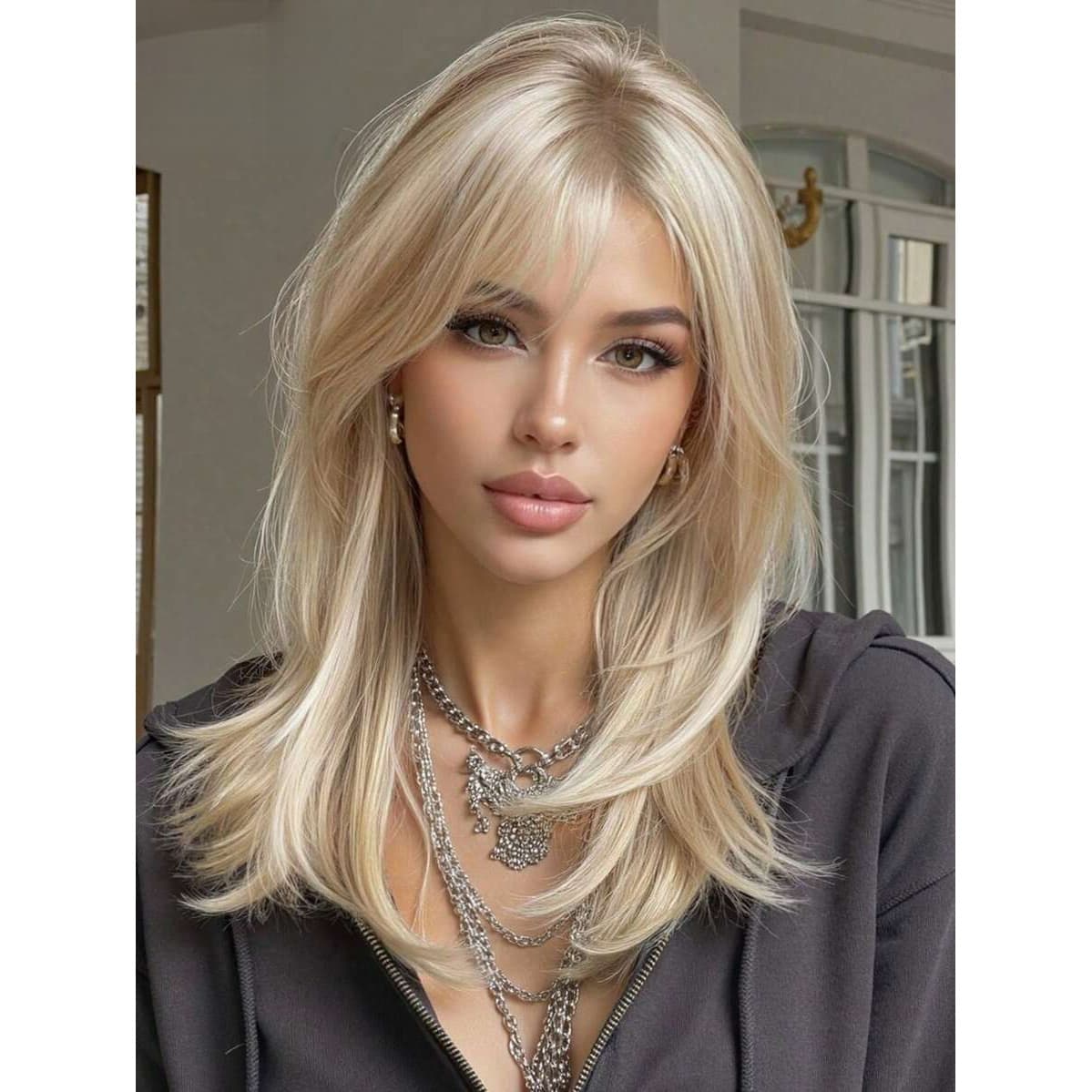 TEMU 18-inch Long Straight Light Blonde Wig With Bangs, Synthetic Hairpiece, Multi-layered Design, Heat-resistant, Suitable For Women' Wear, Parties, And Fashion Styling