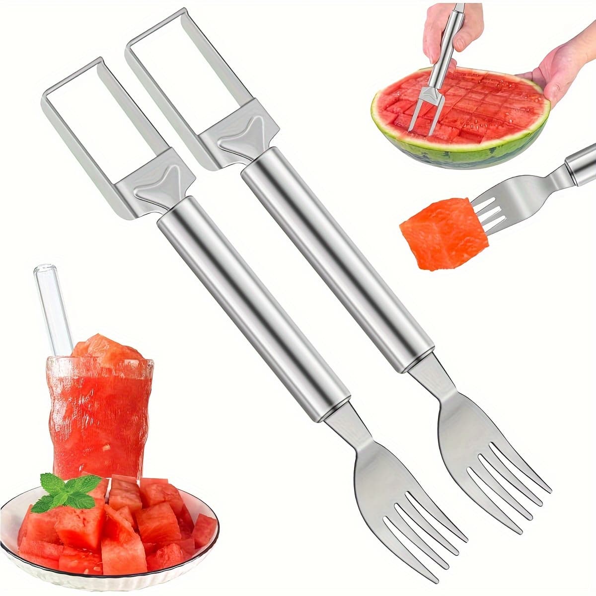 TEMU 2 Pack/ 4 Pack 2 In 1 Watermelon Slicer And Fork Stainless Steel Fruit Slicer Tools For Watermelon, Mango, Pineapple, Camping, Picnic, Home, Party, Easy And Convenient Mess Free