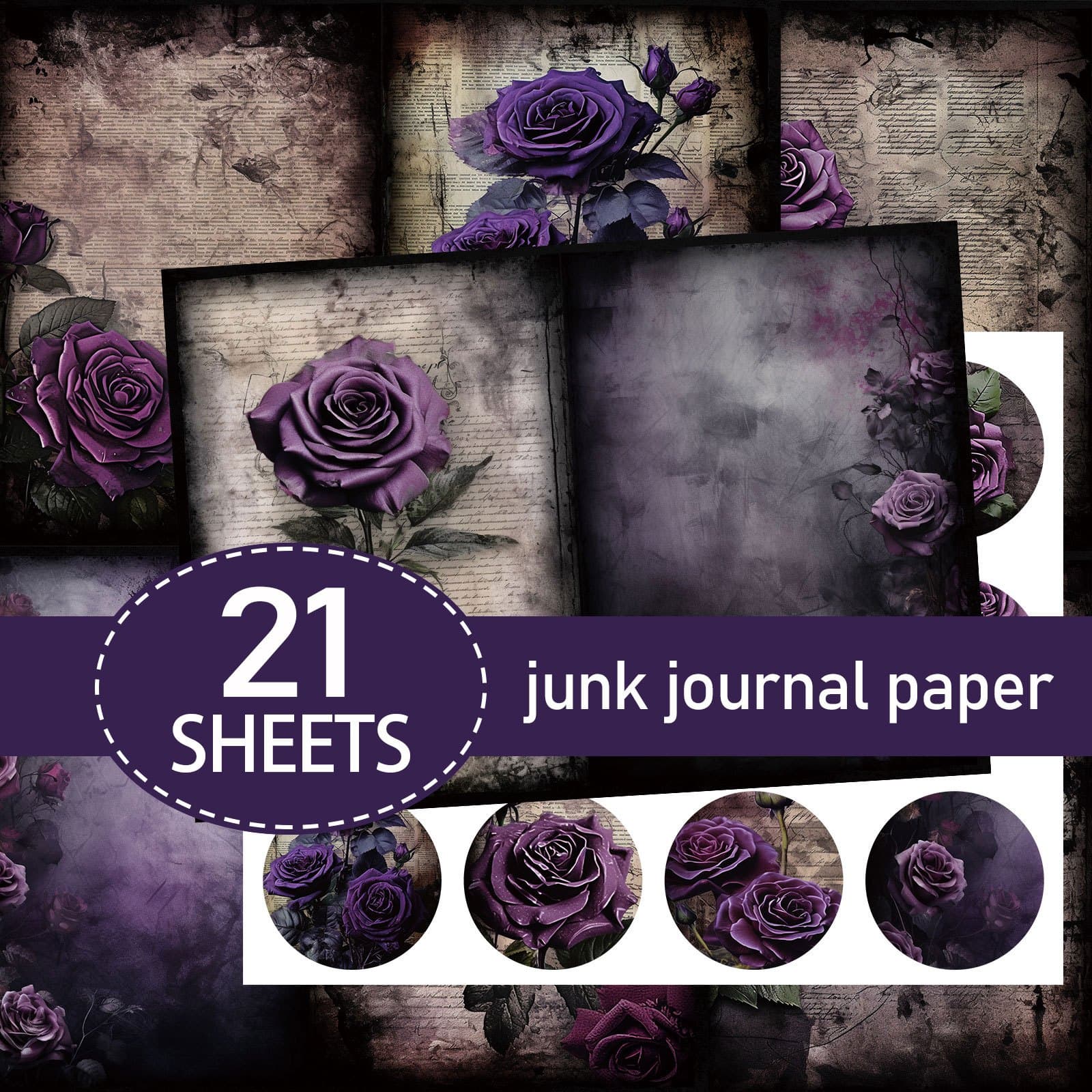 TEMU 21 Sheets Of A5 Paper (paper + Stickers), Vintage Purple , Gothic, Paper Set, Circus Diary Paper, Handmade Diary And Decorative Paper, Handmade Diary Materials, Diary Covers
