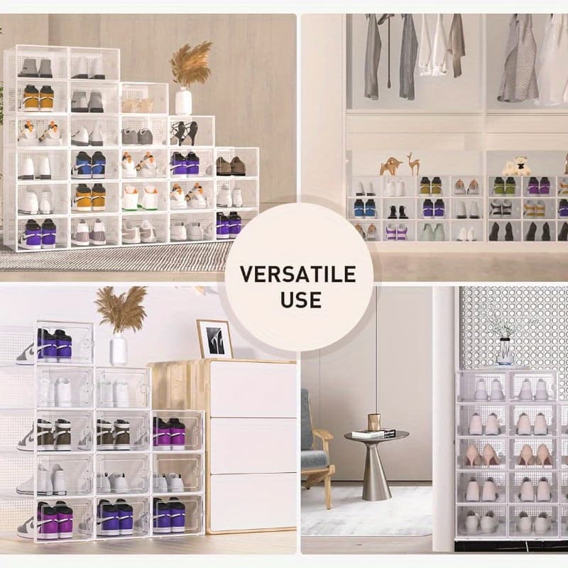 TEMU 6/10/12/24 Pack Shoe Storage Box, Clear Plastic Stackable Shoe Organizer For Closet, Space Saving Foldable Shoe Rack Sneaker Container Bin Holder