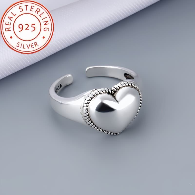 TEMU S925 Silver Wide Face Heart-shaped Ring, Women's Retro Convex Heart-shaped Ring, Unique , High-end, Versatile And Durable Open-end Ring