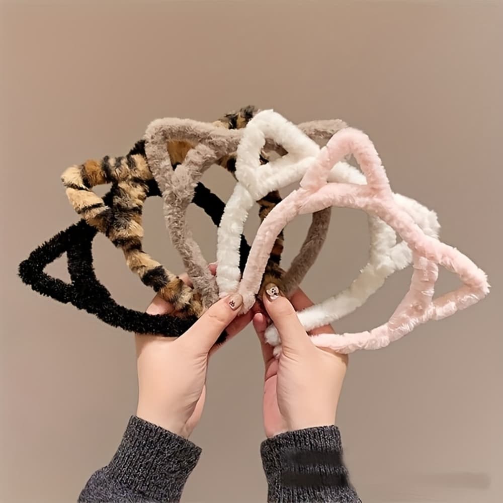 TEMU 5pcs Leopard Print Plush Cat Ear Headband, A Cute Vintage-style Hair Accessory For Women, Suitable For Makeup, Face Washing, And Outdoor Use