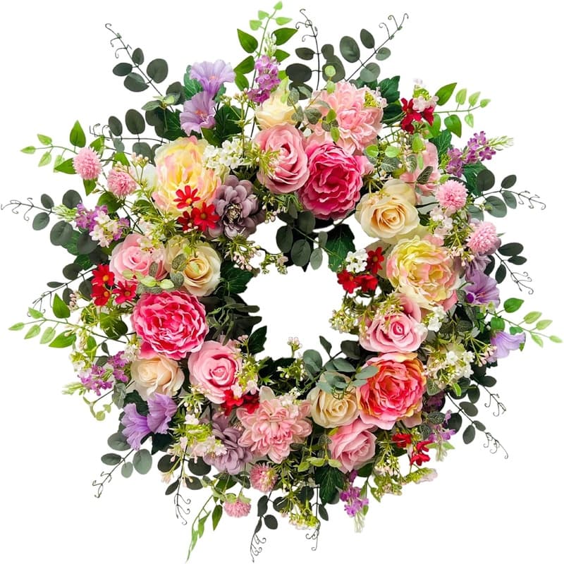 TEMU 24-inch Spring And Summer Wreath For Outdoor Use, Featuring Artificial Peony And Rose Flowers, Ideal For Weddings And Home Decor, Suitable For Any Season