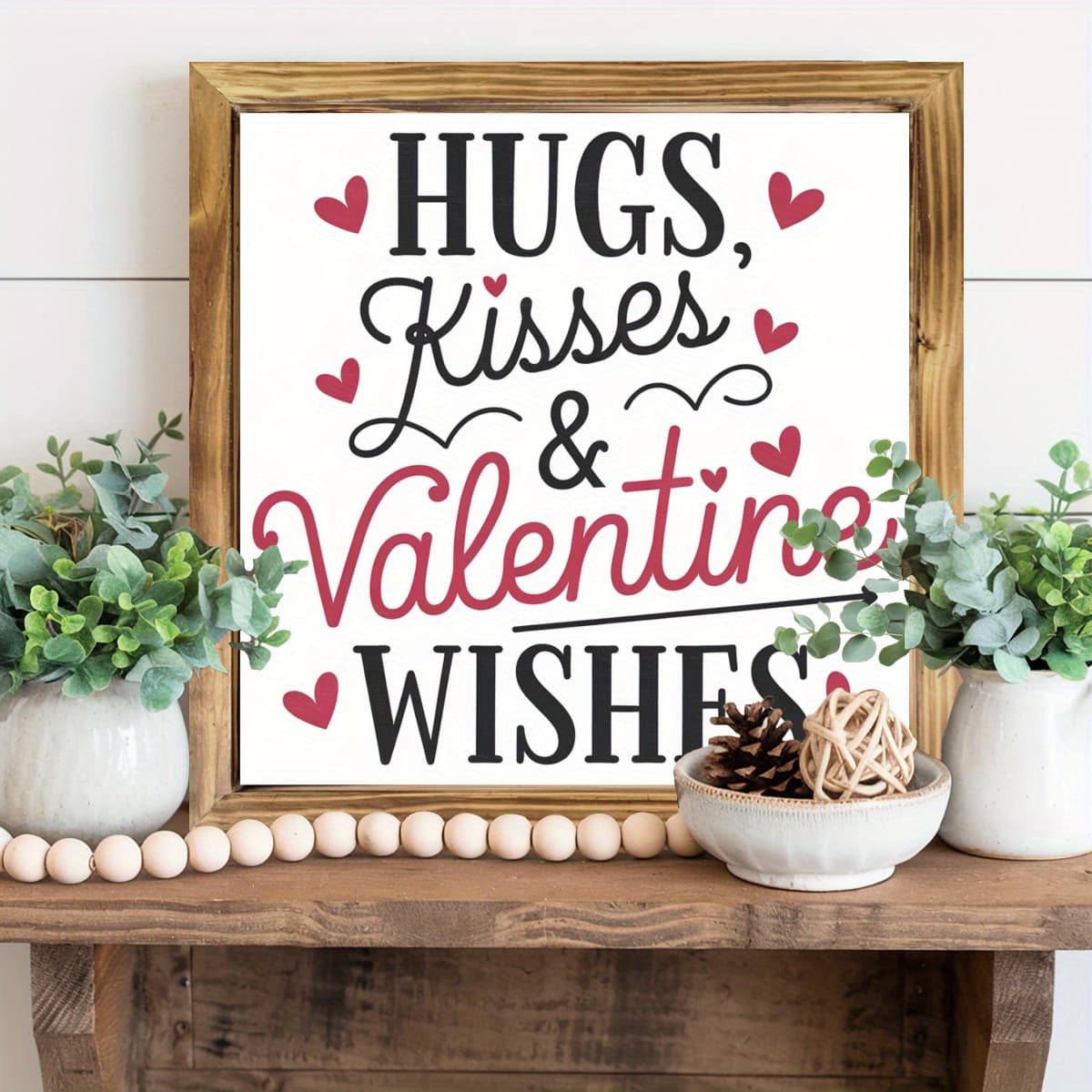 TEMU 2d Flat, 1pc, & Valentine Wishes Framed Wood Sign Vintage Wooden Wall Hanging For Bedroom Living Room Home Kitchen Bedroom Decor Housewarming Gifts Valentine's Day Gift 20.32x20.32cm