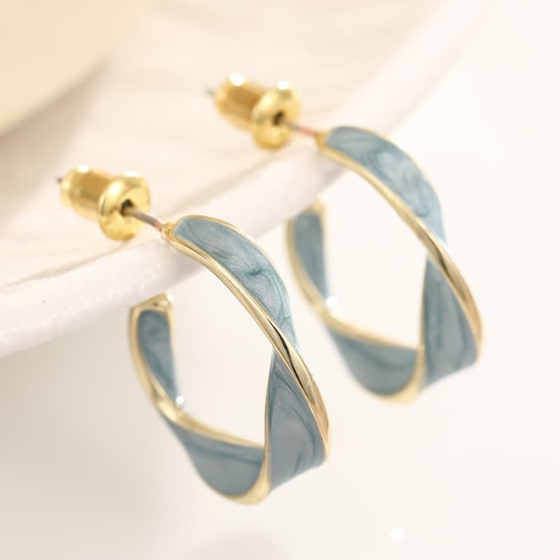 TEMU 1 Pair Women's Elegant Blue Enamel Twisted Studs - Kc Golden Plated Copper Hoops, Versatile For Parties, Daily Wear & Vacations