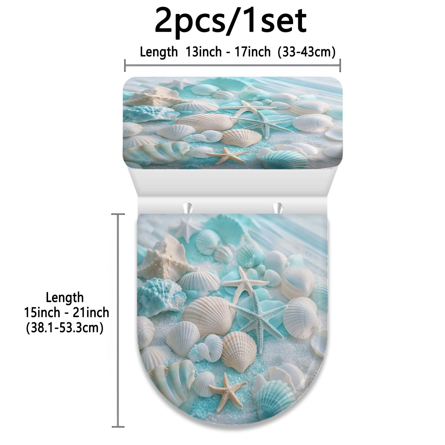 TEMU Seashell Star Sand Light Blue Pattern Printed Toilet Lid And Tank Cover Set, 2d Flat Decorative Bathroom Toilet Cover Cloth, Toilet Seat Cover, Suitable For All Scenes, 2d Flat