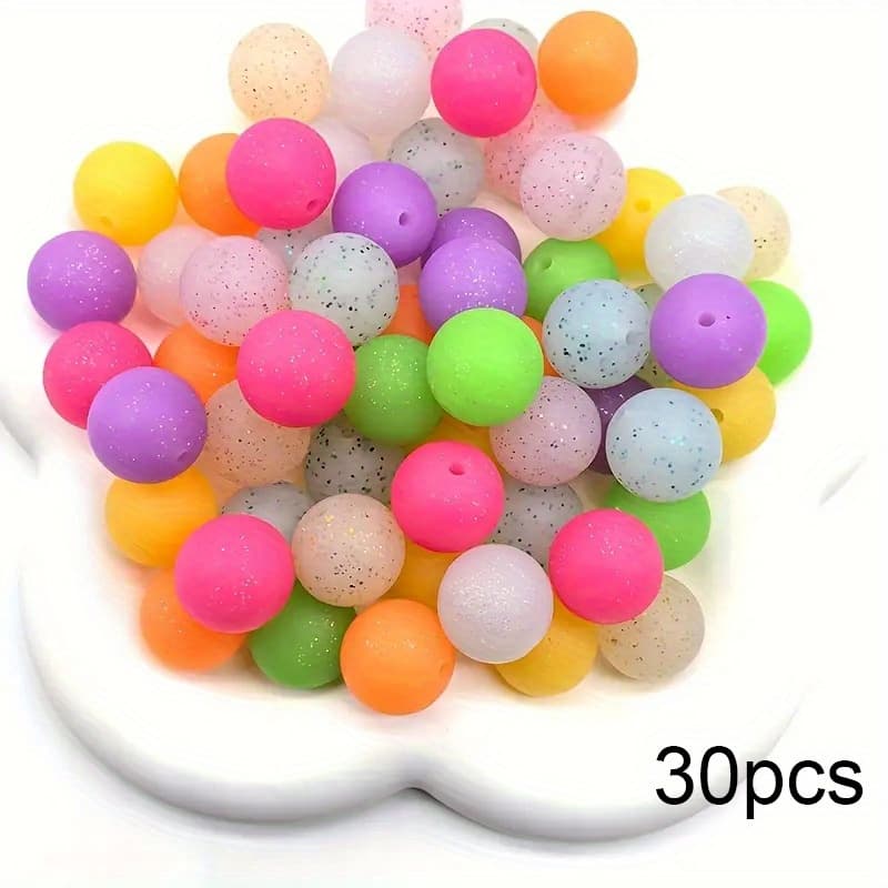 TEMU 30pcs Of 15mm Colored Fine Sparkling Silicone Round Beads, Mixed With Loose Spacer Beads, Suitable For Bracelets, Necklaces, Keychains, Pens And Other Craft Accessories