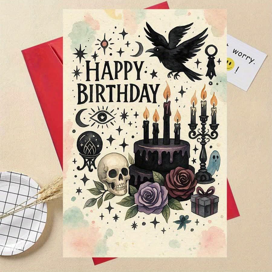 TEMU 1 Greeting Card + Envelope, Gothic Victorian Birthday Card Featuring , , And Dark Cake Design - With 'happy Birthday' Text, , Suitable For Alternative , Eerie Party Decoration
