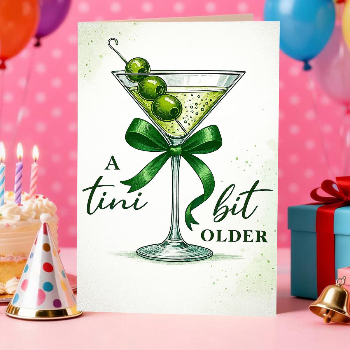 TEMU 1pc Fashionable Birthday Card, A Little Older, Featuring A Martini Glass Decorated With Green Ribbon And 3 Green Olives, Suitable For Who Love Cocktails, Birthday Card, Size 17x24cm/6.6x9.4in