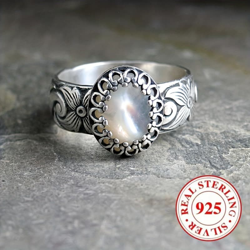 TEMU Retro Style 925 Sterling Silver Ring With Oval And Floral | Suitable For Engagement, Anniversary, Or Christmas Gifts, Plated K Total Weight Of The Product (1.93g)