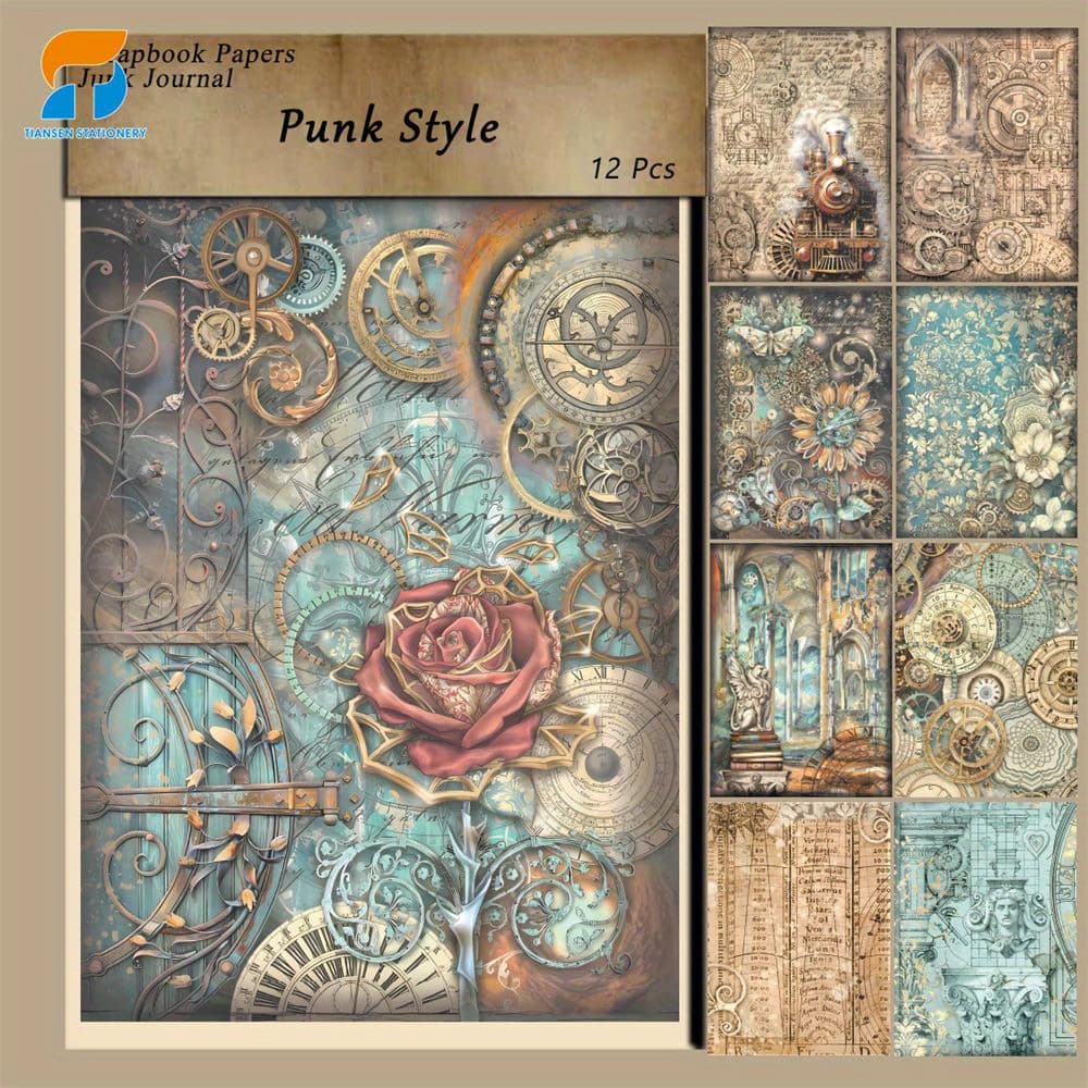 TEMU 12 Sheets Punk Style Paper - Rock And Roll Themed Craft Paper With Intricate Gears, Roses, And For Junk Journals, Card Making, And Diy Art Projects, Scrapbooking Supplies