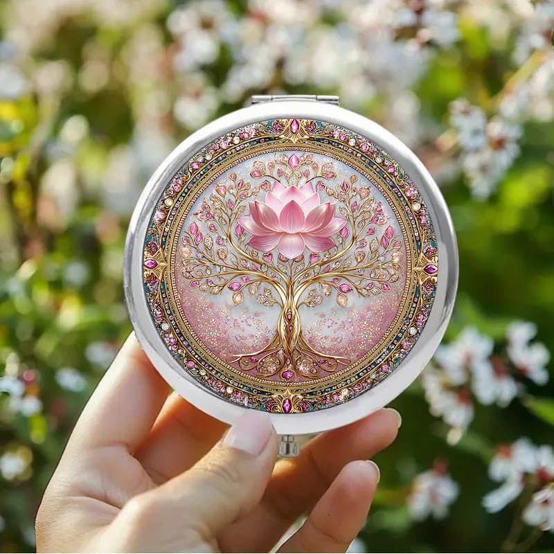 TEMU 1pc 2d Flat Vintage Makeup Mirror Featuring An Ornate Tree Of With A Pink For Lotus At Its Center Golden Branches With Pink And White Gemstones Perfect For A Wedding Favor, 2d Flat