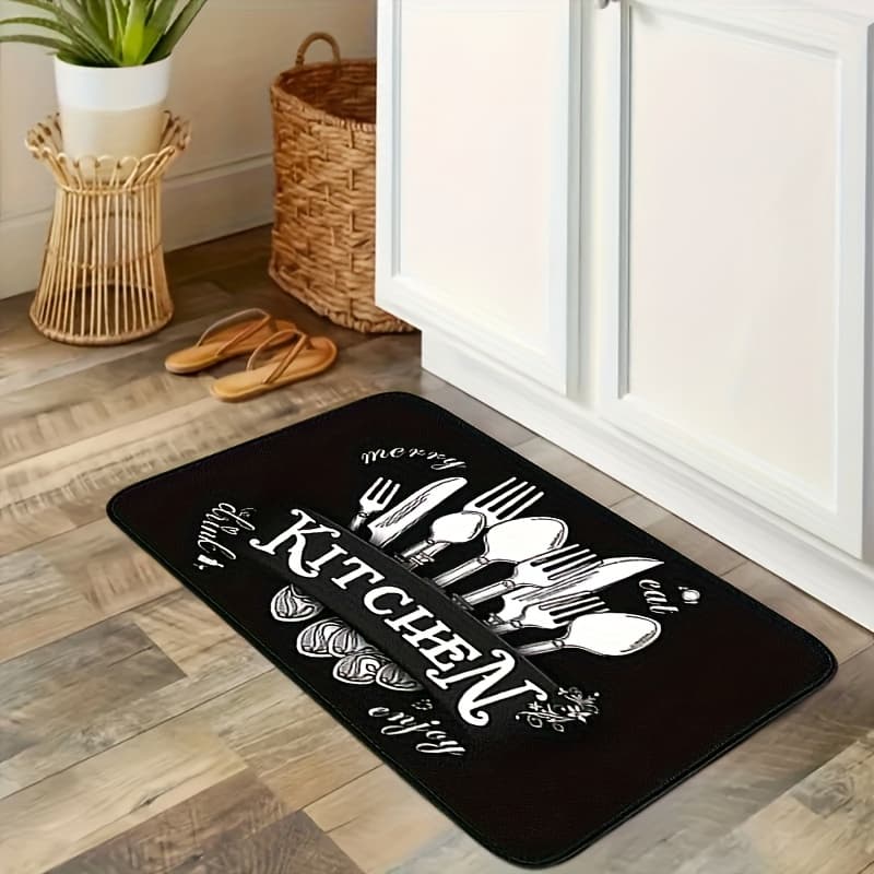 TEMU Cookware Pattern Black Carpet- Non-slip Soft Washable Rug, Durable Comfortable Practical Decor For Kitchen, Bathroom, Bedroom And Foyer