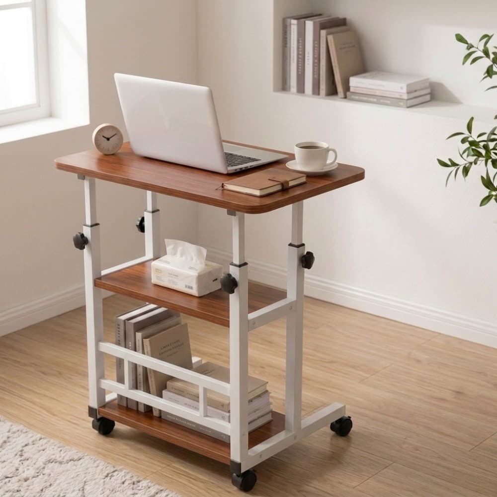 TEMU Height Adjustable Computer Desk With Storage Shelf And Wheels, Mobile Rolling Desk For Home Office, Small Space Study Workstation Desk