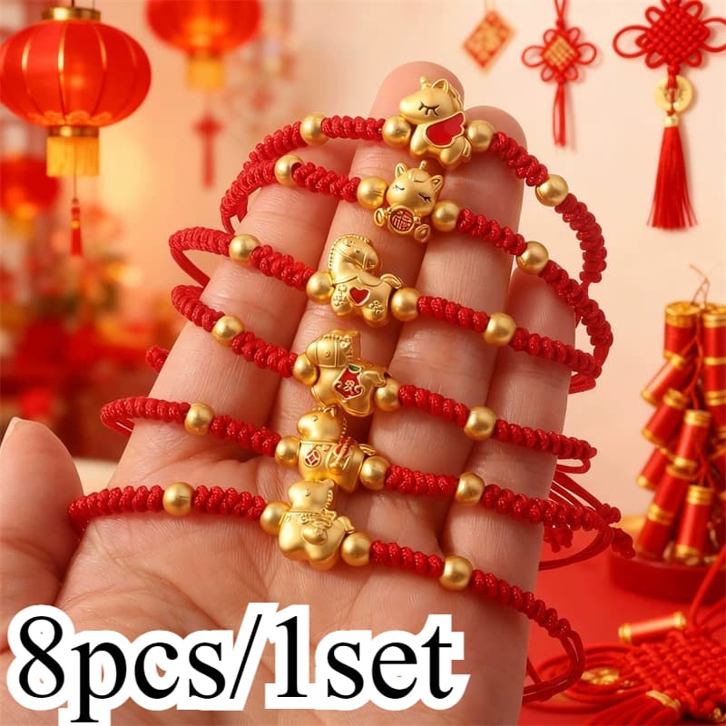 TEMU 8pcs Chinese New Year Zodiac Horse Bracelets - Red Rope Suitable For Daily Wear & , Durable Copper Alloy Horse Charms With Symbols, Retro Chinese Style For Gifts, Festive