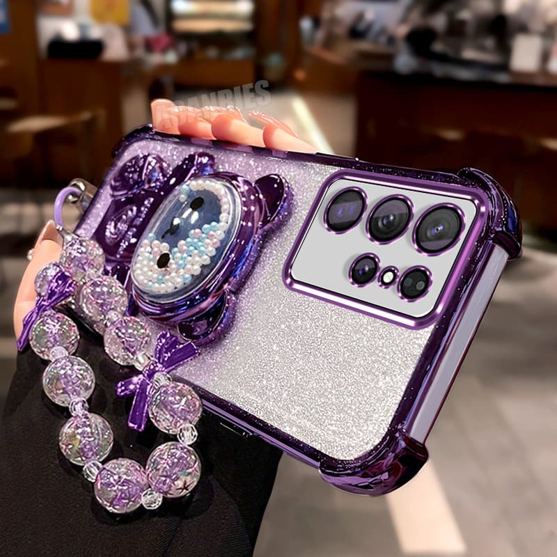 TEMU Phone Case: S24ultra Luxury Plating Quicksand Bead Bear Folding Bracket Stand Holder Lanyard Wrist Strap Chain Gradient Glitter Shockproof Phone Case For For Galaxy S24 Ultra Tpu Back Cover