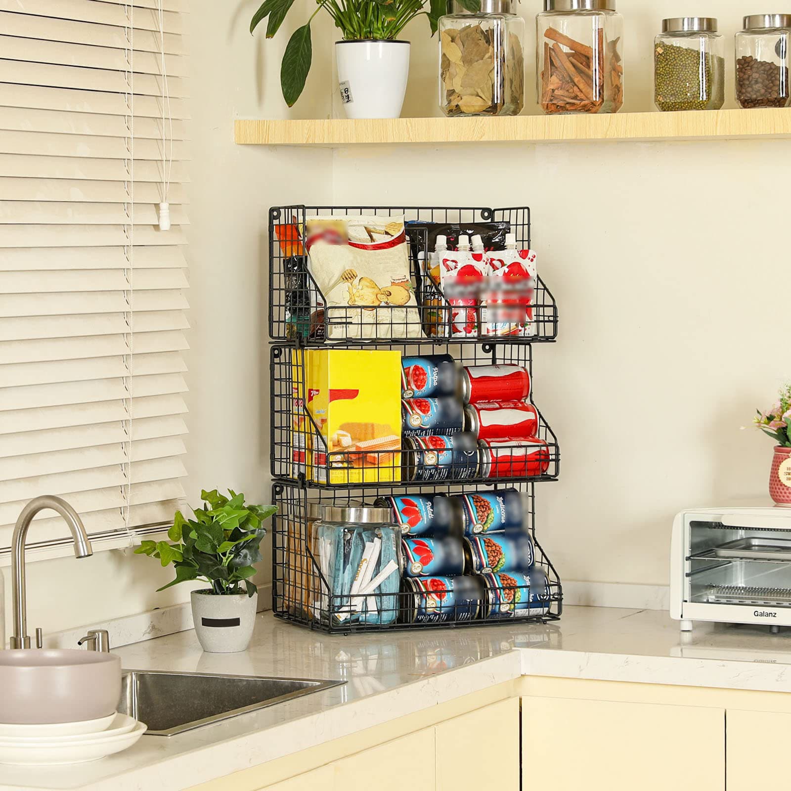 TEMU 3-tier Stackable Storage Basket, Steel Wire Organizer With 5 Removable Dividers, Multipurpose Bin For Kitchen& Pantry, Black, Shelf Baskets