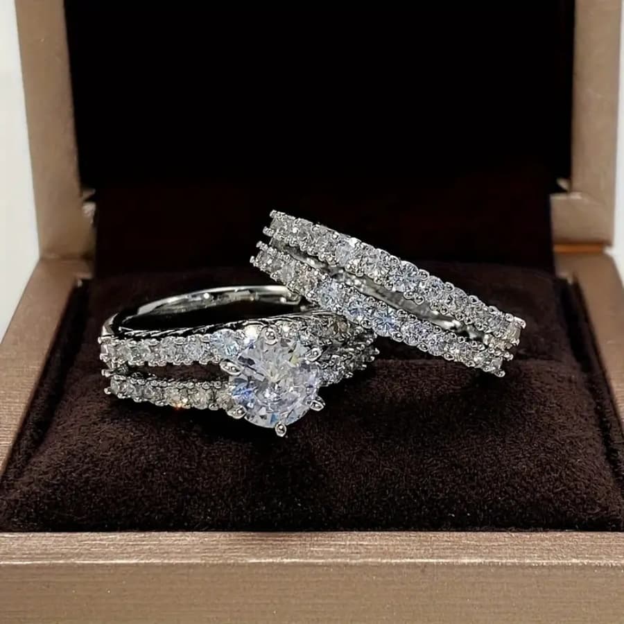 TEMU 18k Golden Plated Valentine's Day Elegant Bridal Ring Set - 2pcs 18k Golden Plated Copper, 6 Claws Of Synthetic Cubic Zirconia - Women's And Engagement Jewelry - Party Additions