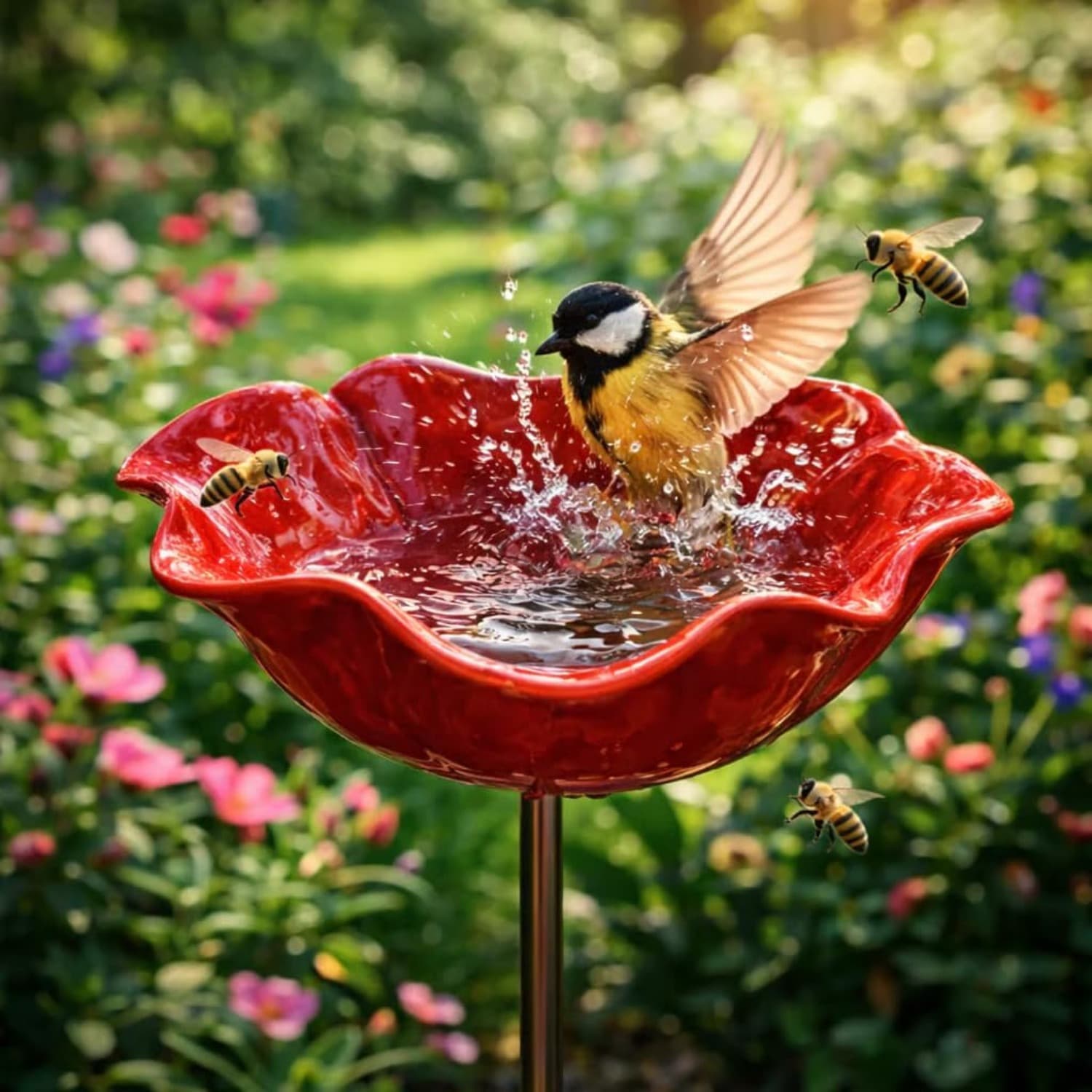 TEMU [3d] [3d][3d] 2026 Metal Stake, Watering Station, Garden Metal Bathing Pool, Featuring A , Vibrant And Bathing Bowl, Suitable Outdoor Garden Decoration