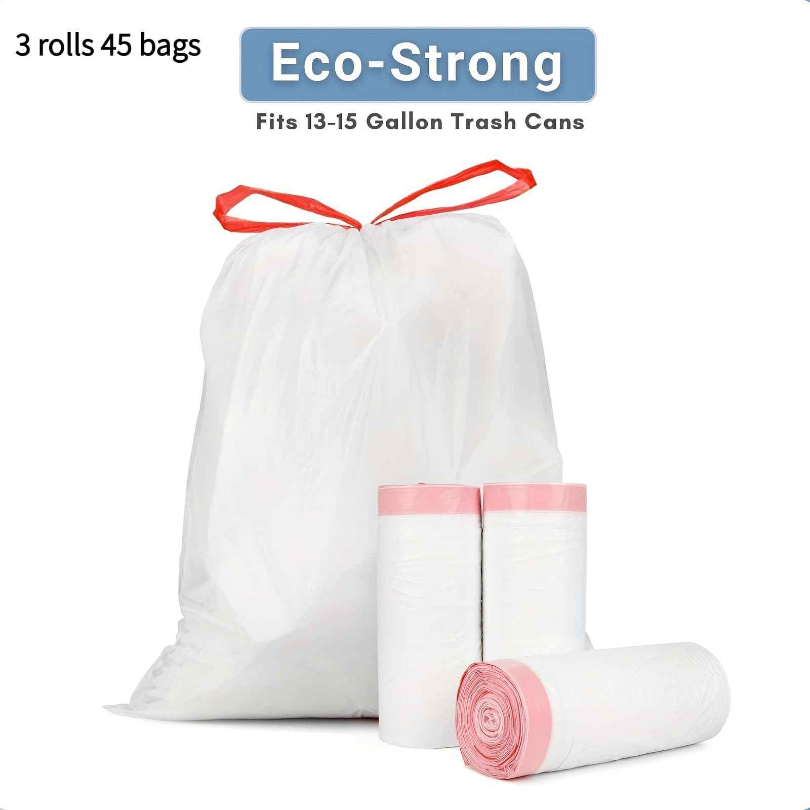 TEMU 3rolls 45bags Heavy-duty Commercial Garbage Bag, Capacity 13-15 Gallons, Leak Proof Drawstring Design, Suitable Restaurants, Offices, Areas, And Maintenance- Thick And Wear-resistant Garbage Bag