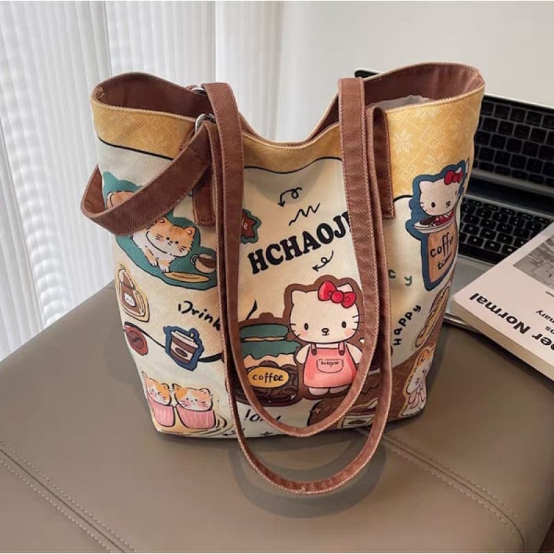TEMU [authorized] 1pc Cute Cartoon Hello Kitty Bag For Women- 2026 New Large Capacity Shoulder Bucket Bag& Work Tote, Lightweight& Adorable Hello Kitty Handheld Tote For , High-aesthetic , Best .