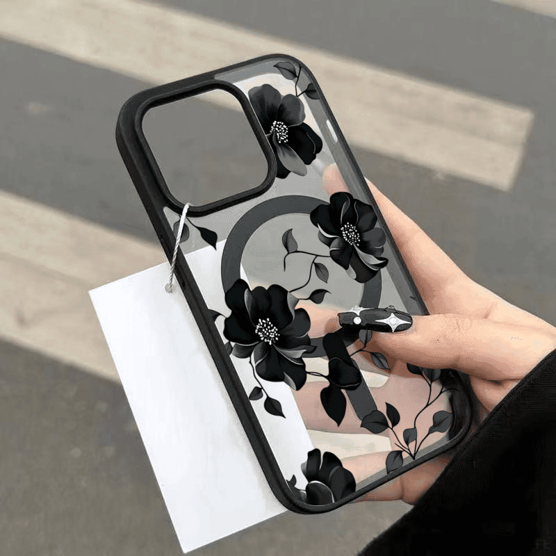 TEMU Phone Case: Black Flowers Leaves Pattern Wireless Charging Magnetic Phone Case For For Galaxy S26 Ultra S25 Plus S23 S24 Fe S25 S26 Ultra A06 A07 A15 A16 A26 A35 A36 A54 Frosted Cover
