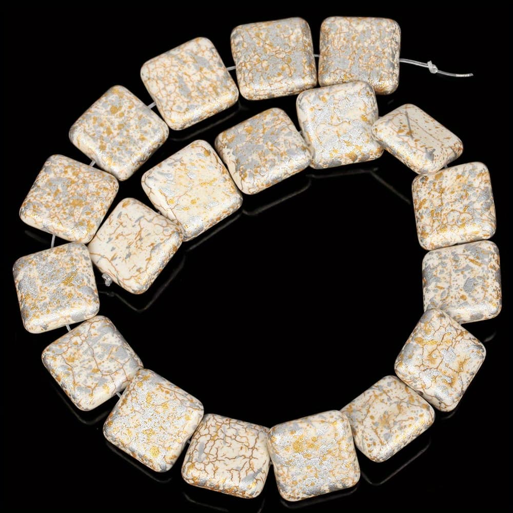 TEMU 2d Flat - 20mm 18pcs Natural Stone Beads Gray Golden Turquoise Flat Square Loose Beads For Jewelry Making Bracelets Necklace Additions