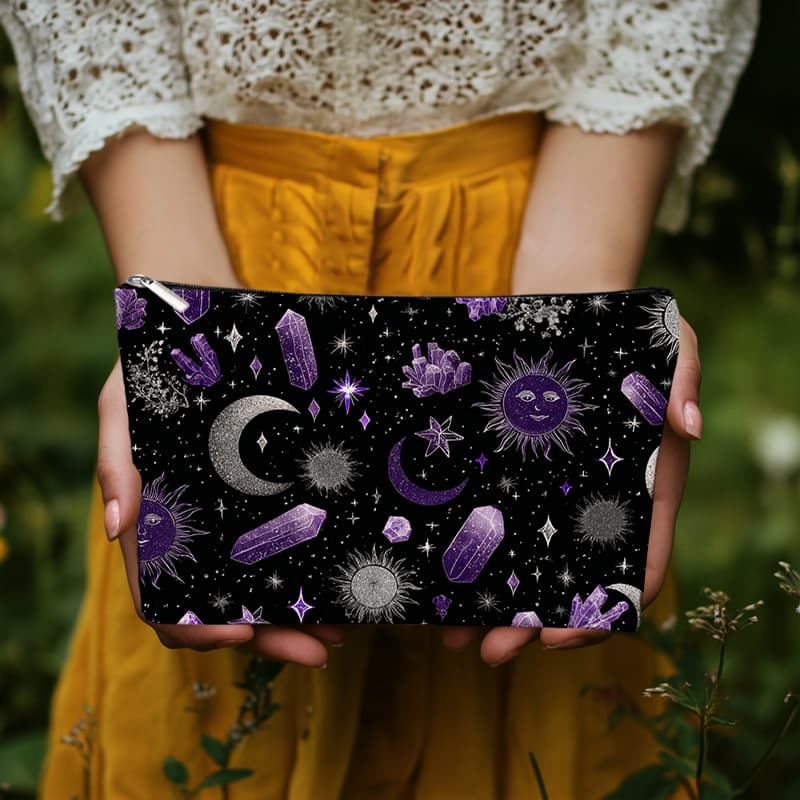 TEMU 1pc Purple Print Makeup Bag - Portable Travel Toiletry Organizer With Night Sky, Lightweight Foldable Case For &, Zipper Closure For Vacation, Camping & Daily Use