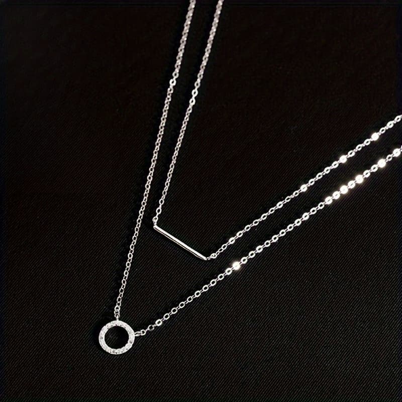 TEMU 925 Sterling Silvery Women's Classic Fashion Necklace Single-strand Round Pendant Chain With Double-layer For Versatile Occasions