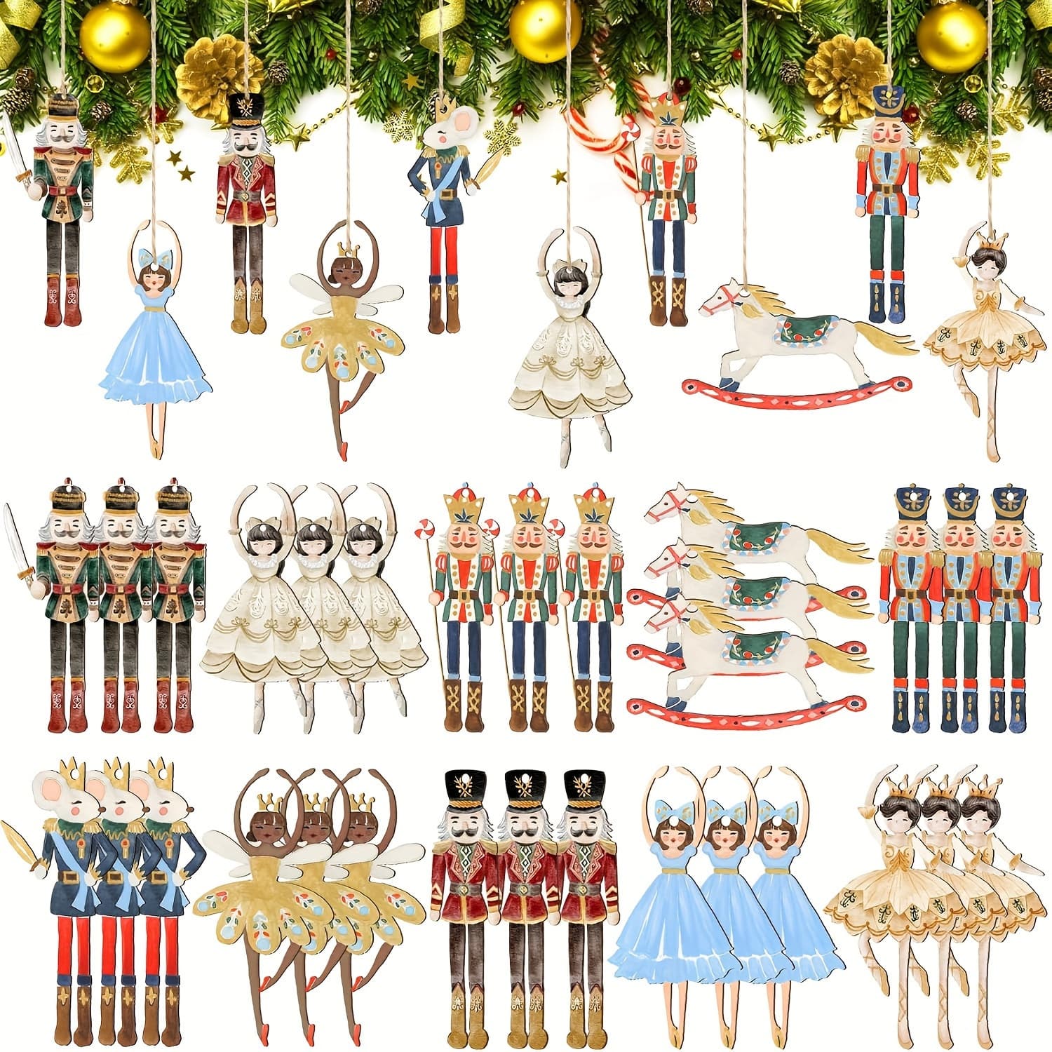 TEMU Set Of 30pcs Vintage Wooden Nutcracker Ornaments Christmas Tree Hanging Decorations Including Princesses Ballerinas Mice Soldiers Characters Holiday Party Favors Vintage Style