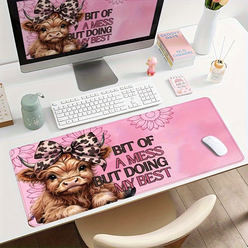 TEMU Extra Large Cute Calf Bow & Print Mouse Pad - Non-slip Desk With Stitched Edges, Soft Comfortable Computer Pad Suitable For , Office & Pc Gaming Desk