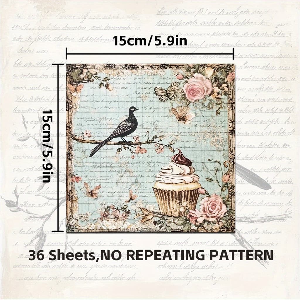 TEMU 36pcs Vintage Bird Paper - Chickadees& On Twigs With Cursive Writing, Aged Brown Decorative Paper, For Junk Journals, Card Making& Diy Crafts,