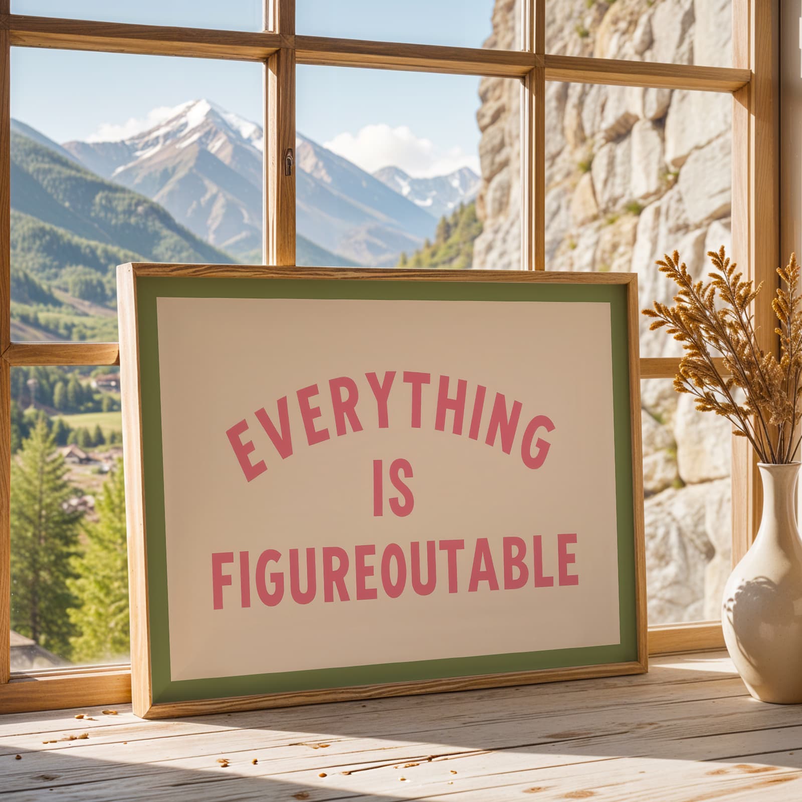 TEMU 2d Flat, 2d Flat, 1pc Wall Decoration Featuring A Vintage Poster With A Minimalist Sage Green Font. It Includes Print With A Pink Quote That Imagination