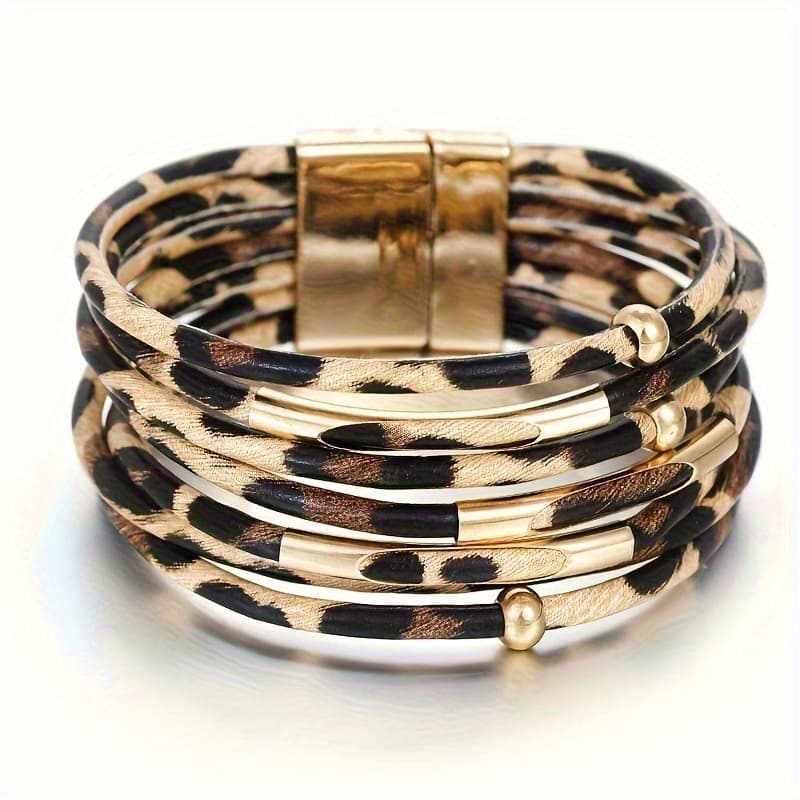 TEMU Bohemian Style Leopard Print Wrap Bracelet With Golden Magnetic Clasp – Stackable Women's Bracelet, Strap, Everyday Jewelry, Durable Jewelry, Fashion Jewelry, Women's Fashion