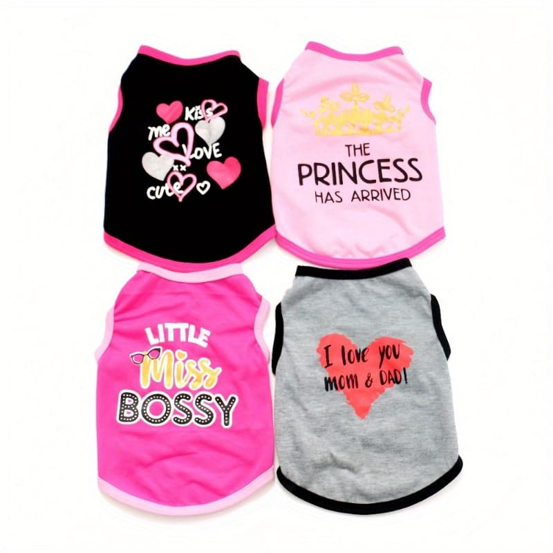 TEMU 4pcs Pet Clothes Girls Puppy Summer Sleeveless Shirt Pet Thin Round Neck T-shirt Puppy Cat Cute Print Vest Small Dog Clothing