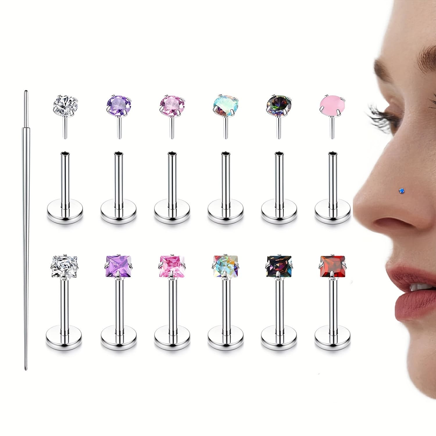TEMU 12pcs Mixed Stainless Steel Ear Studs, Nose Studs And Ear Studs Set, , Synthetic Cubic Synthetic Zirconia, No Plating, , With Hole, Daily And Party Occasions, All , Holiday Theme